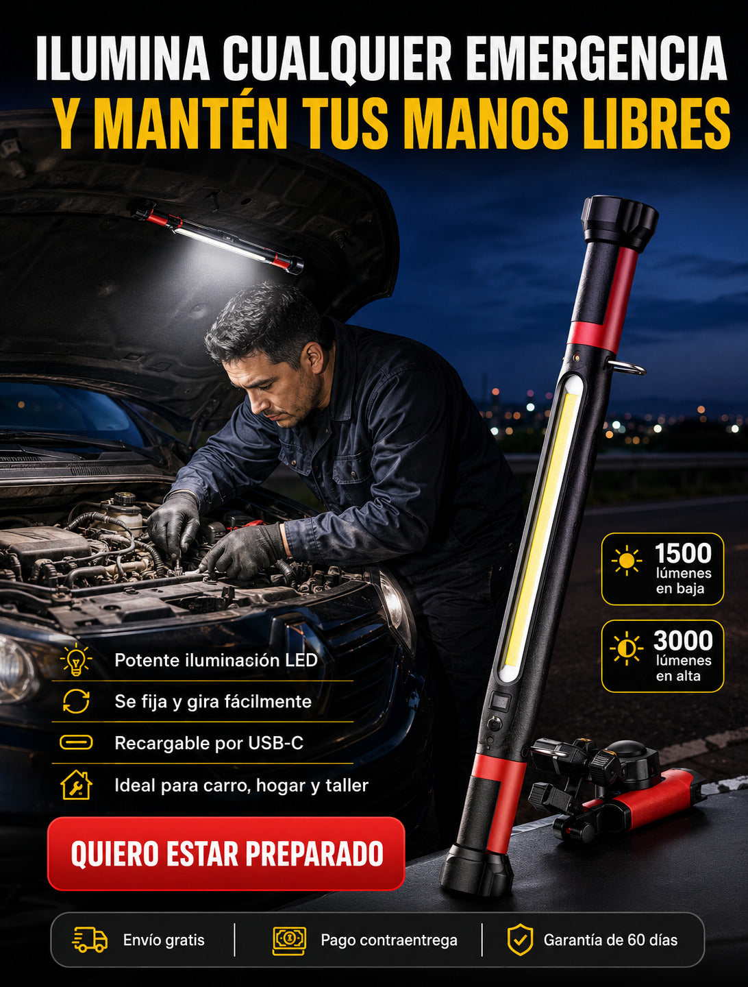 Luz De Trabajo Led con Imán Portátil 1500 Lúmenes Recargable