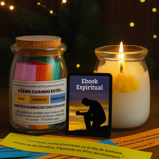 Trilogía Espiritual: Frasco de Versículos, Vela Aromátizada y Ebook Espiritual