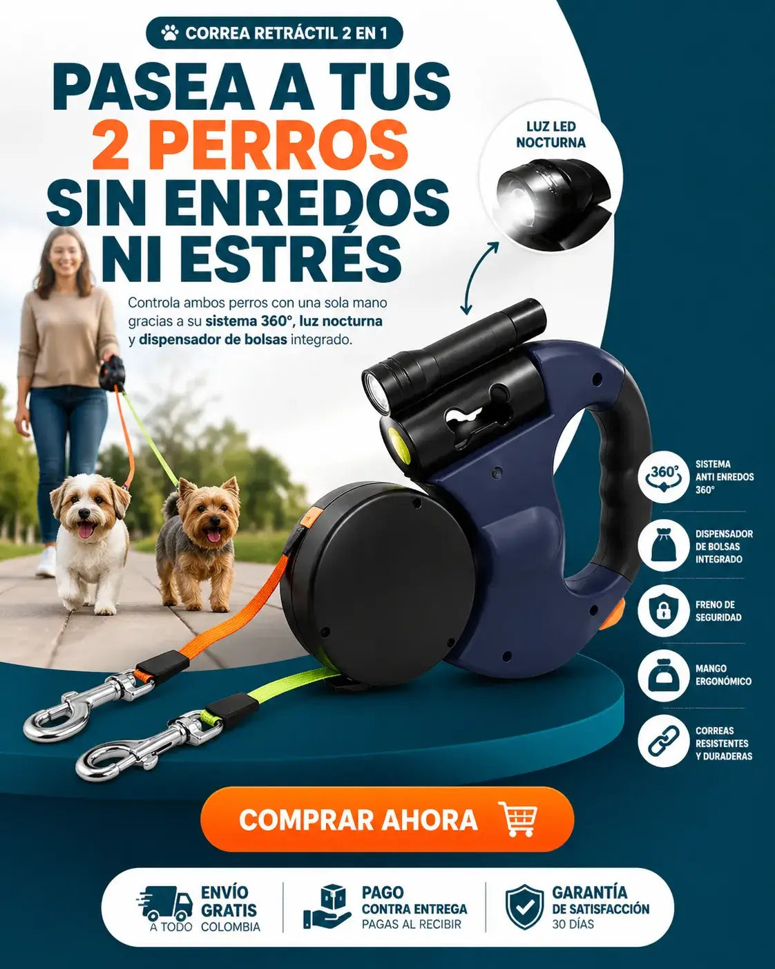 Correa Retractil Para Mascotas 2 En 1
