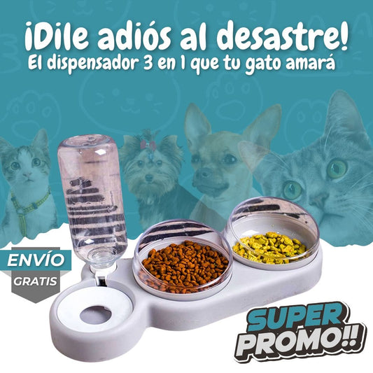 Comedero 3 en 1 Ergonómico para Mascotas con Agua Automática