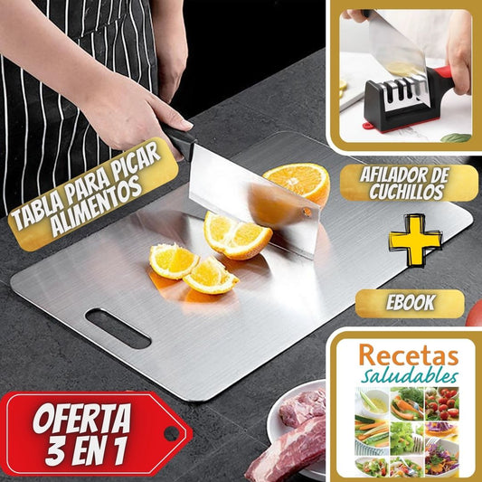 KIT DE COCINA PREMIUM (Tabla Acero Inoxidable + Afilador de Cuchillos + EBOOK)